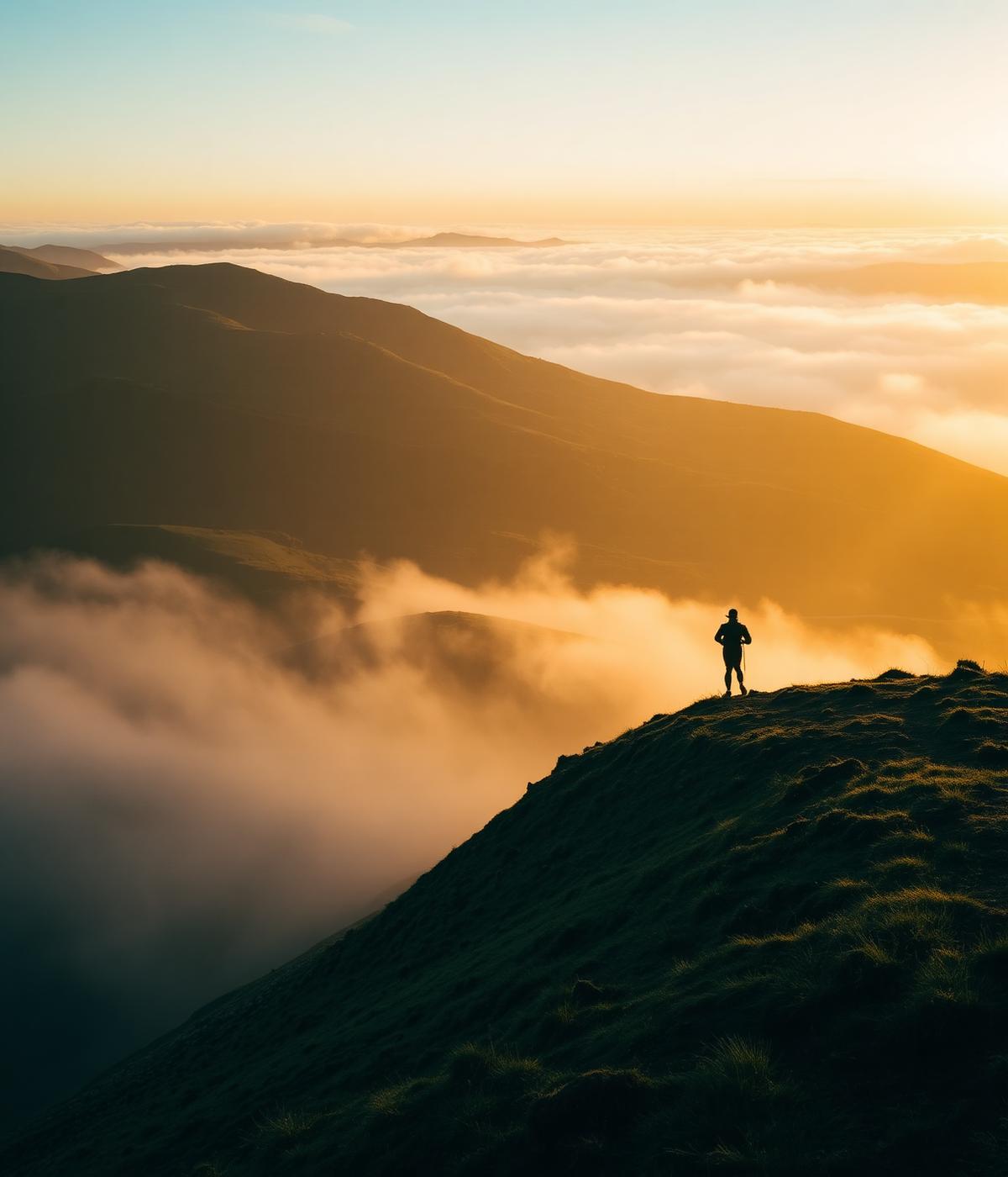 Trail runner on a misty UK mountain ridge at golden hour
