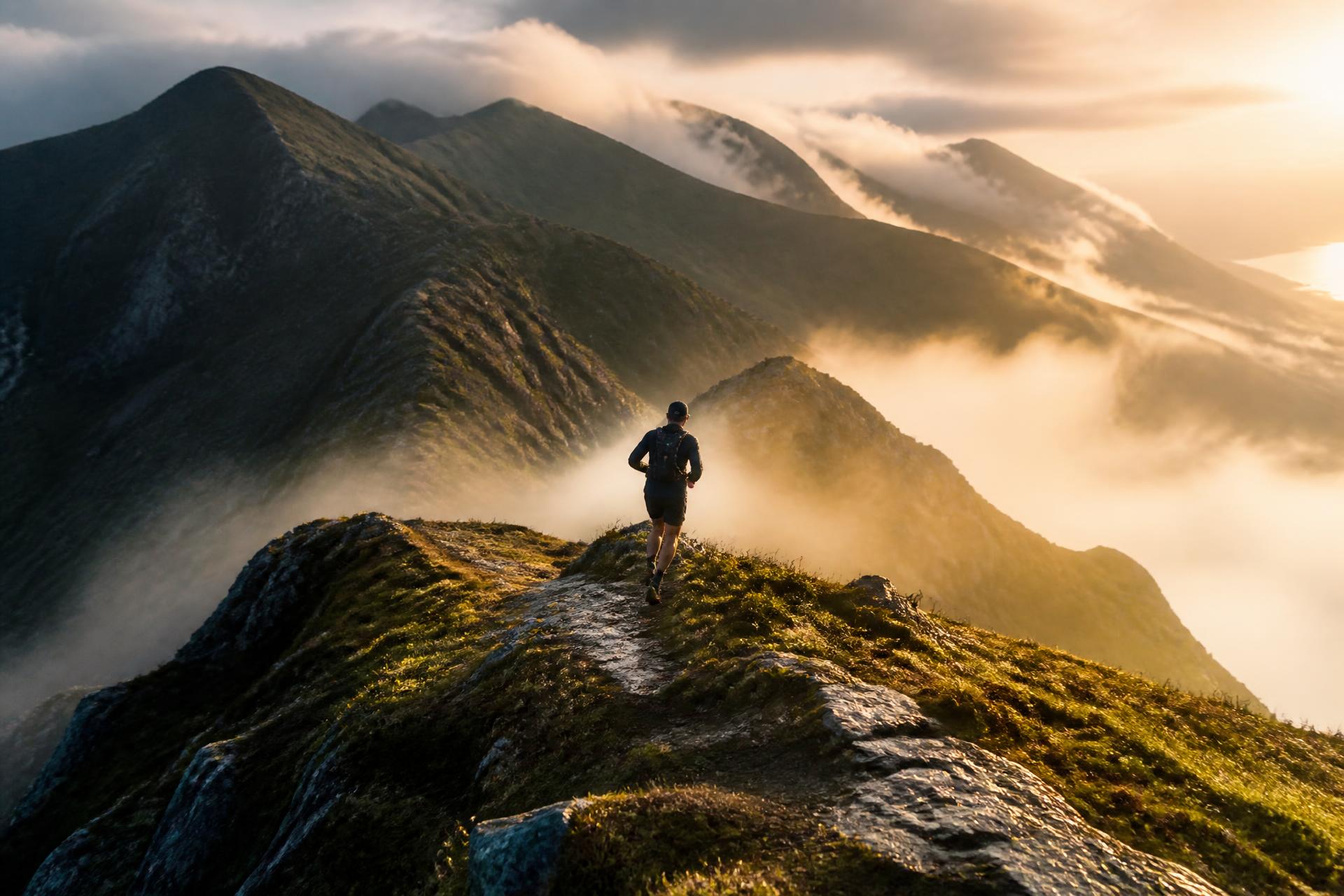 Trail runner cresting a misty UK mountain ridge at dawn