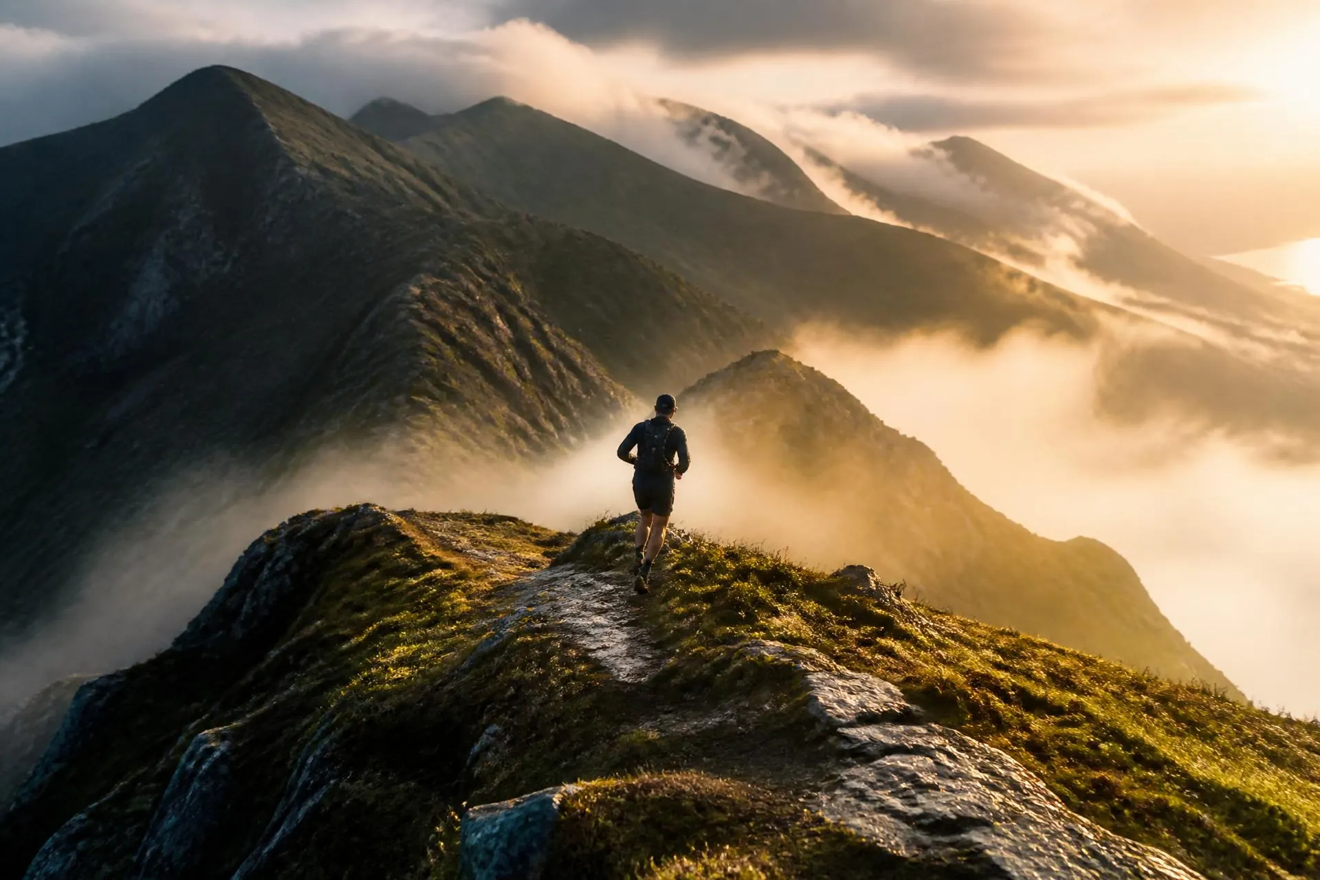 Trail runner cresting a misty UK mountain ridge at dawn