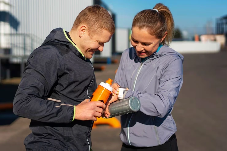 man-and-woman-holding-water-bottles-and-smiling-during-workout